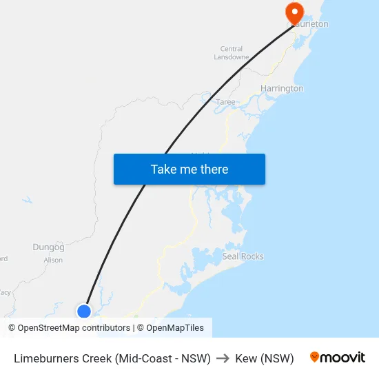 Limeburners Creek (Mid-Coast - NSW) to Kew (NSW) map