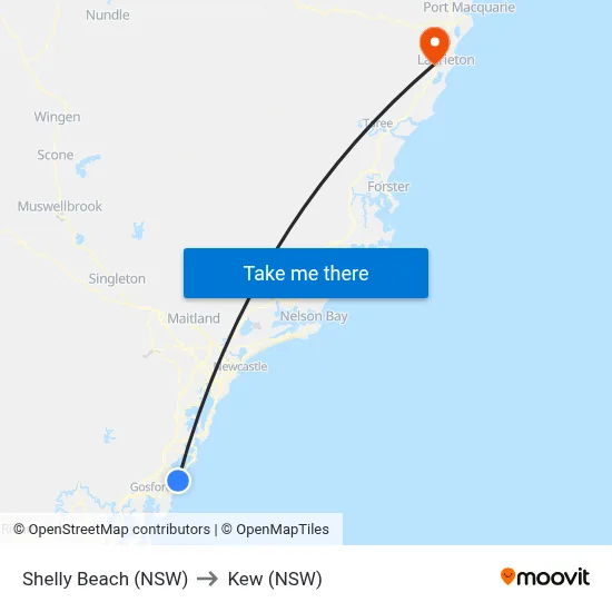 Shelly Beach (NSW) to Kew (NSW) map
