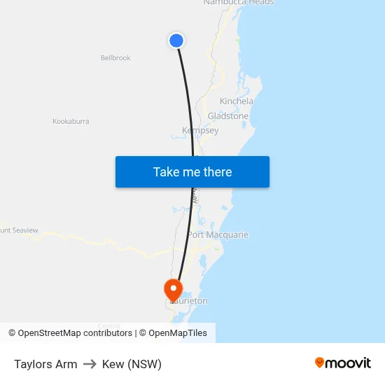 Taylors Arm to Kew (NSW) map