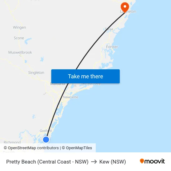 Pretty Beach (Central Coast - NSW) to Kew (NSW) map