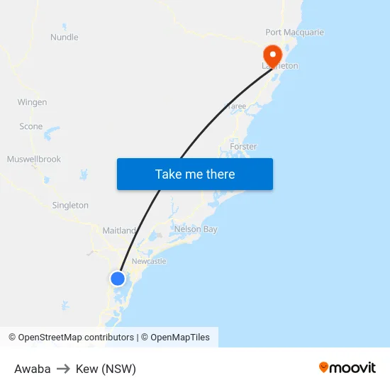 Awaba to Kew (NSW) map
