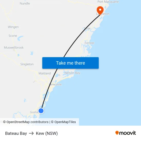 Bateau Bay to Kew (NSW) map