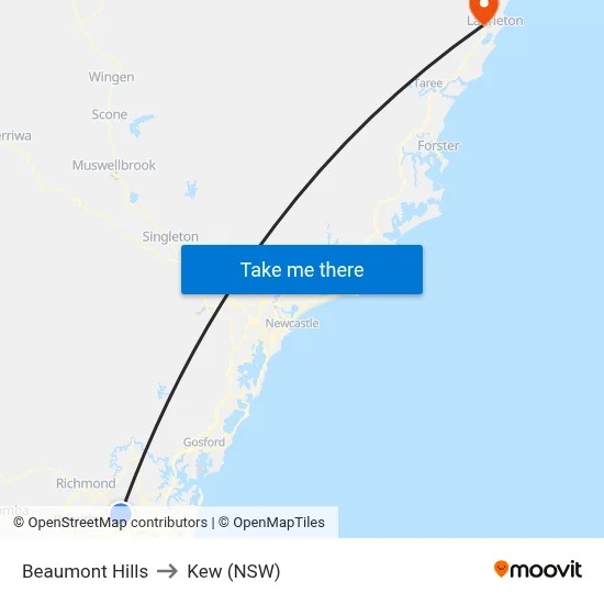 Beaumont Hills to Kew (NSW) map