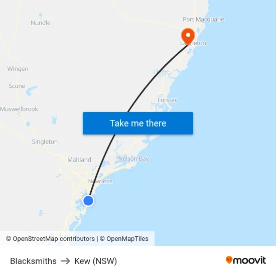 Blacksmiths to Kew (NSW) map