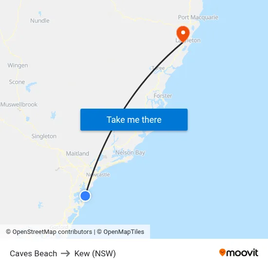 Caves Beach to Kew (NSW) map