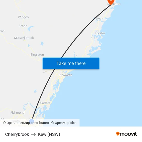 Cherrybrook to Kew (NSW) map