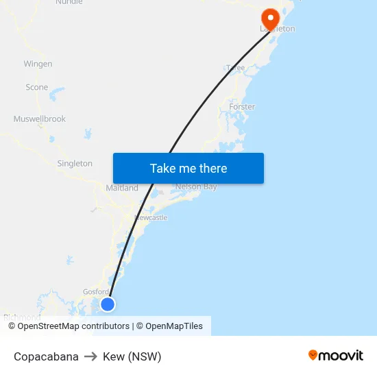 Copacabana to Kew (NSW) map