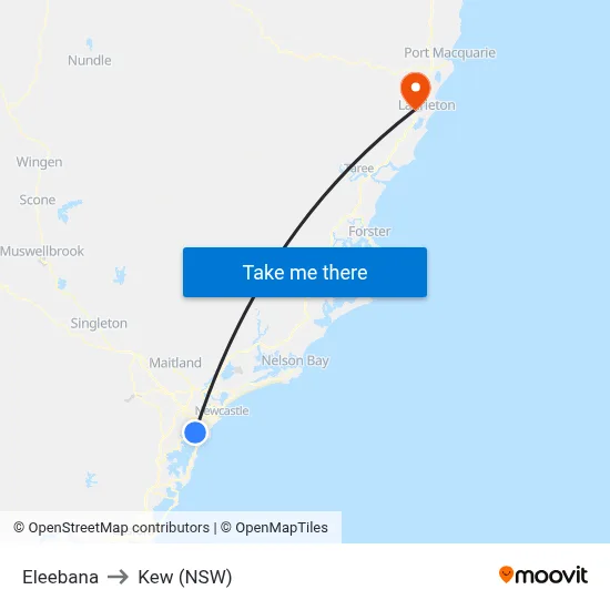 Eleebana to Kew (NSW) map