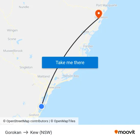 Gorokan to Kew (NSW) map