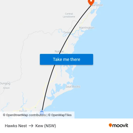Hawks Nest to Kew (NSW) map