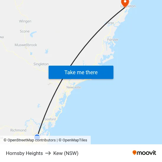 Hornsby Heights to Kew (NSW) map