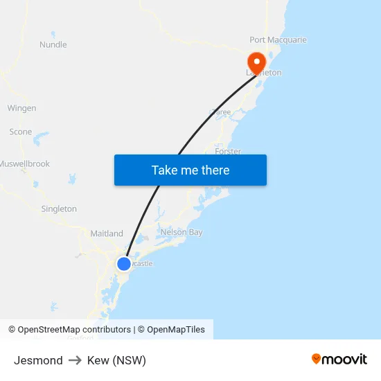 Jesmond to Kew (NSW) map