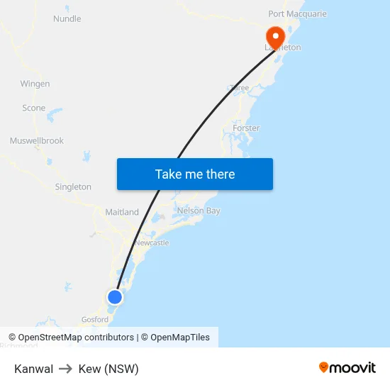 Kanwal to Kew (NSW) map