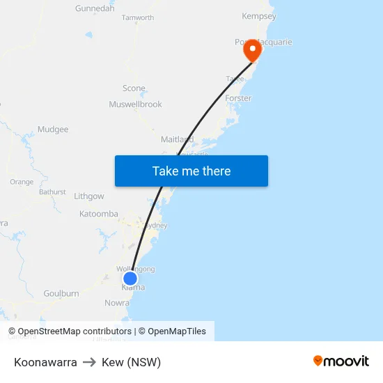 Koonawarra to Kew (NSW) map