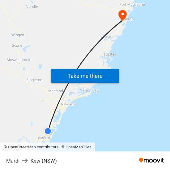 Mardi to Kew (NSW) map
