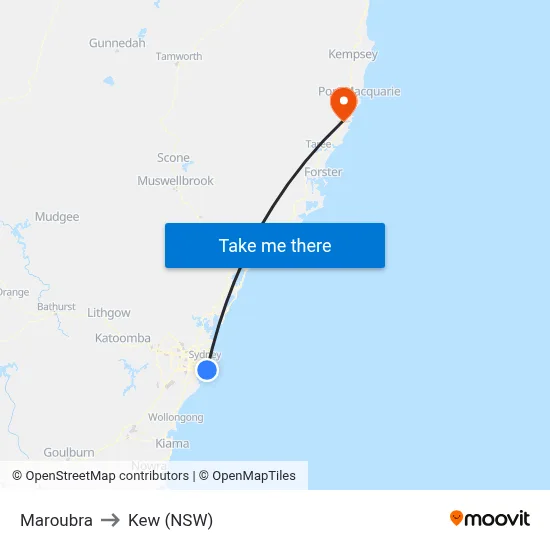 Maroubra to Kew (NSW) map