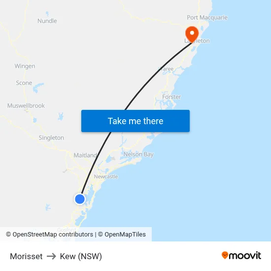 Morisset to Kew (NSW) map