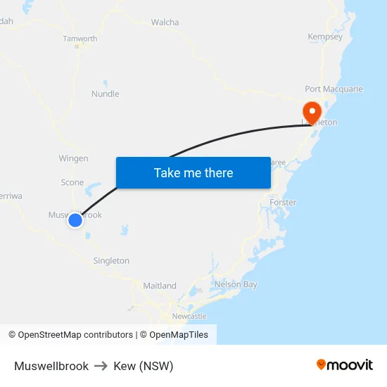 Muswellbrook to Kew (NSW) map