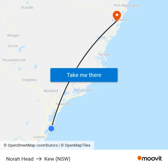 Norah Head to Kew (NSW) map