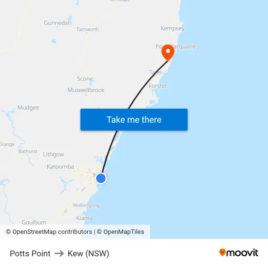 Potts Point to Kew (NSW) map