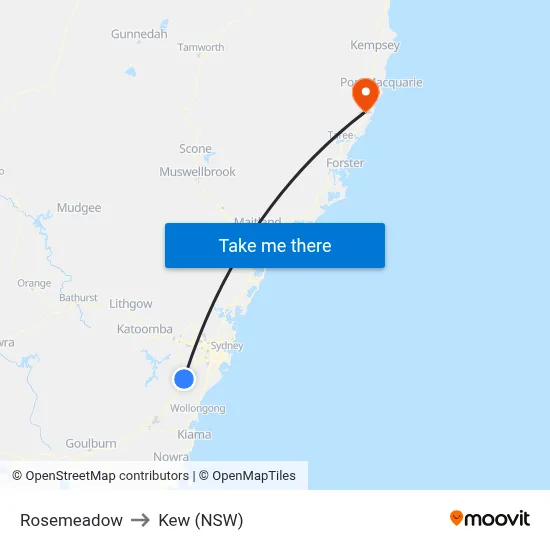 Rosemeadow to Kew (NSW) map