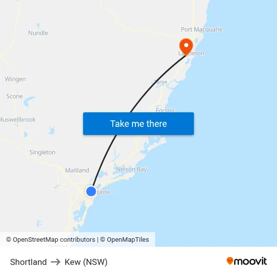 Shortland to Kew (NSW) map