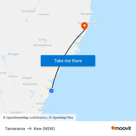 Tamarama to Kew (NSW) map