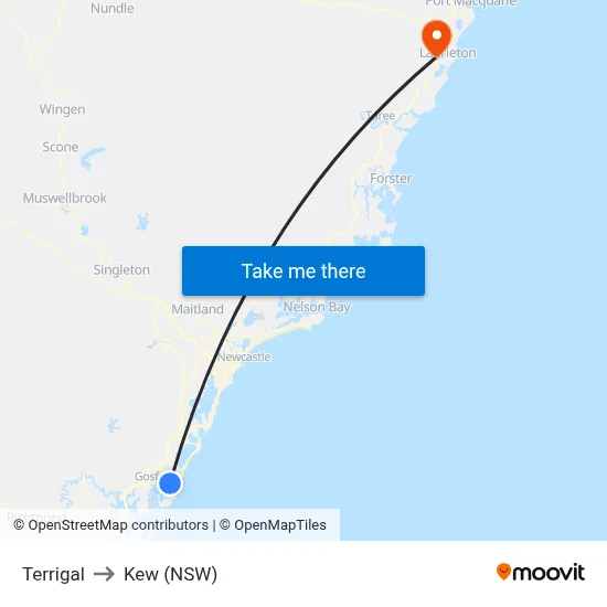 Terrigal to Kew (NSW) map
