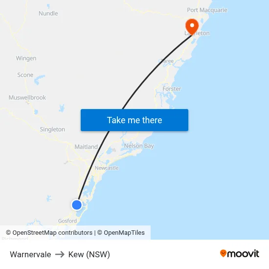Warnervale to Kew (NSW) map