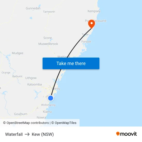 Waterfall to Kew (NSW) map