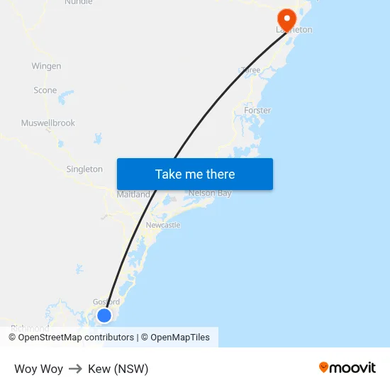 Woy Woy to Kew (NSW) map
