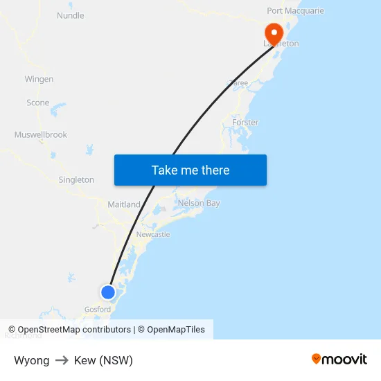 Wyong to Kew (NSW) map