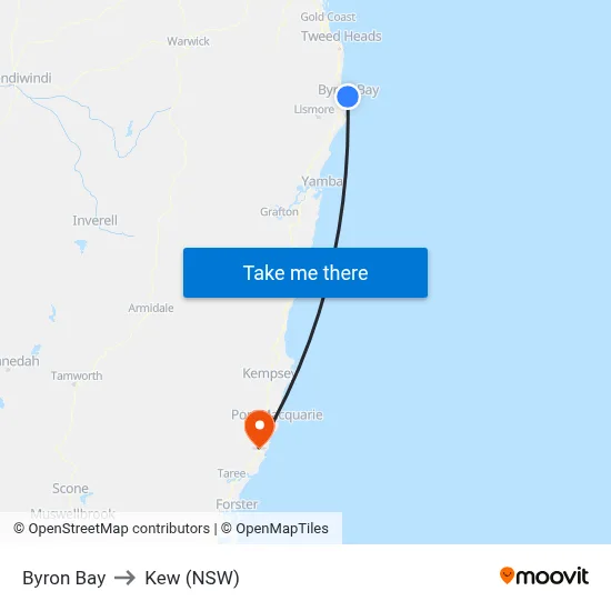 Byron Bay to Kew (NSW) map