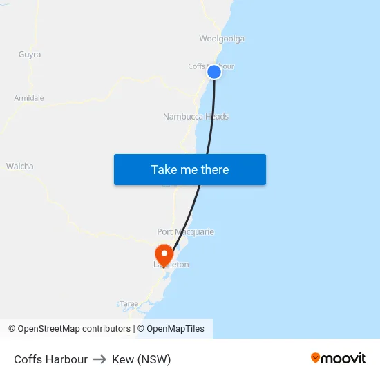 Coffs Harbour to Kew (NSW) map