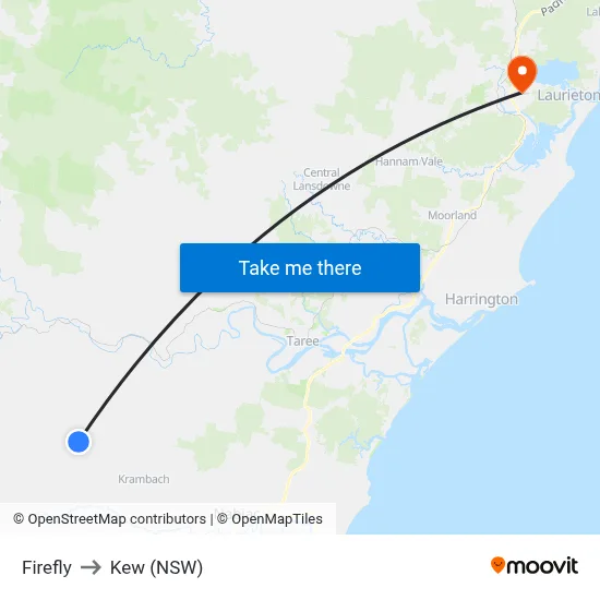 Firefly to Kew (NSW) map