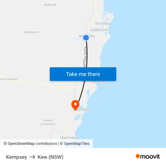 Kempsey to Kew (NSW) map
