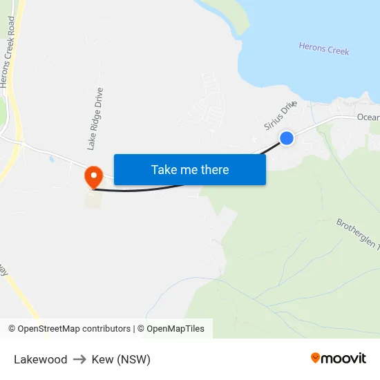 Lakewood to Kew (NSW) map