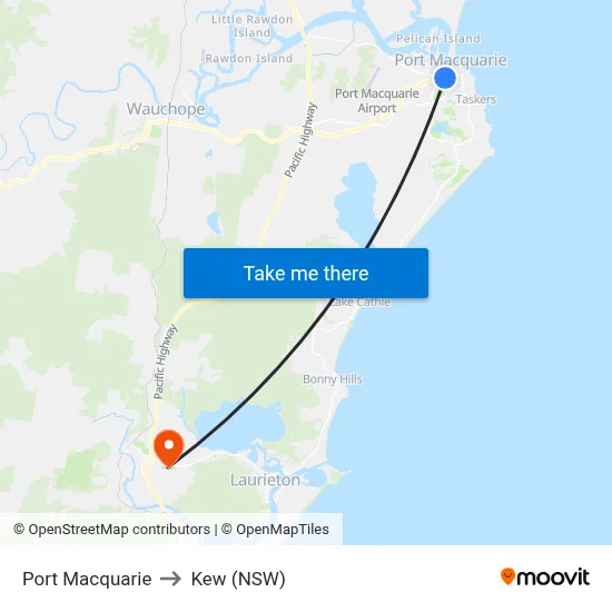 Port Macquarie to Kew (NSW) map