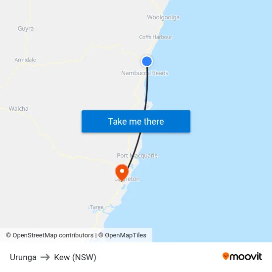 Urunga to Kew (NSW) map