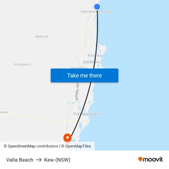 Valla Beach to Kew (NSW) map