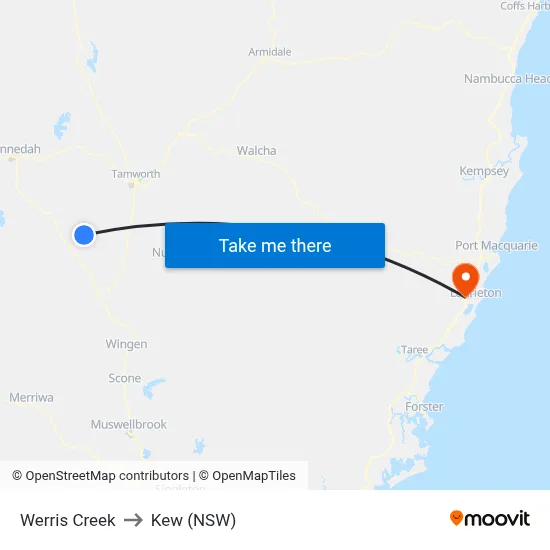 Werris Creek to Kew (NSW) map