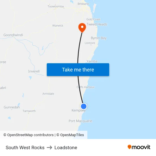 South West Rocks to Loadstone map
