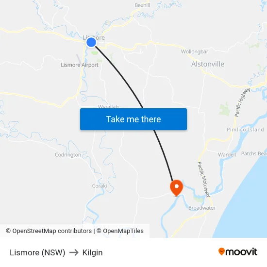 Lismore (NSW) to Kilgin map