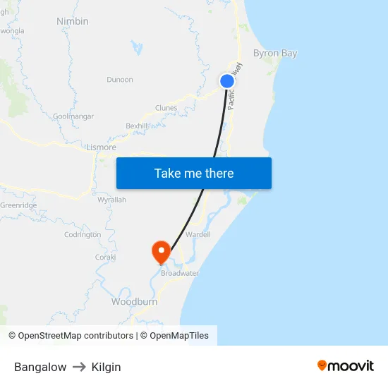 Bangalow to Kilgin map