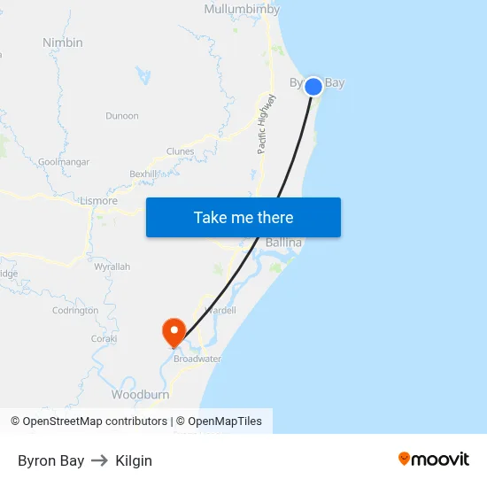 Byron Bay to Kilgin map