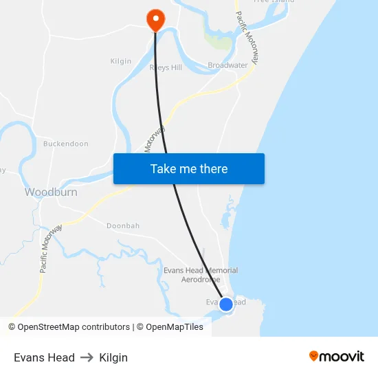 Evans Head to Kilgin map