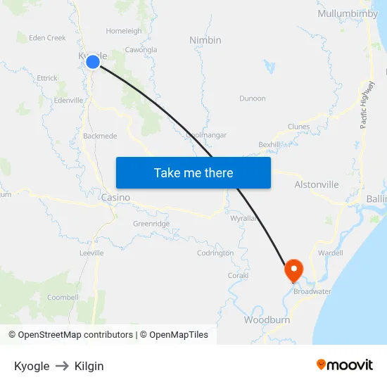 Kyogle to Kilgin map