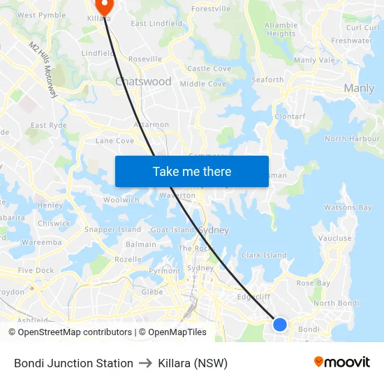 Bondi Junction Station to Killara (NSW) map