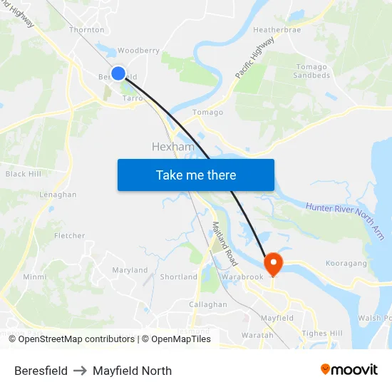Beresfield to Mayfield North map