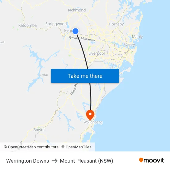 Werrington Downs to Mount Pleasant (NSW) map